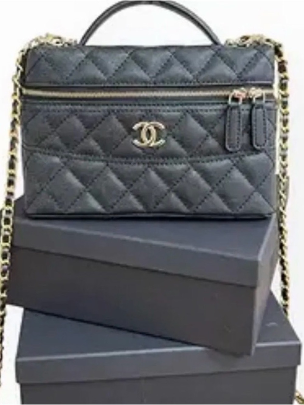 GWP-CHANEL Black Quilted Leather Top-Handle Crossbody with Gold Hardware